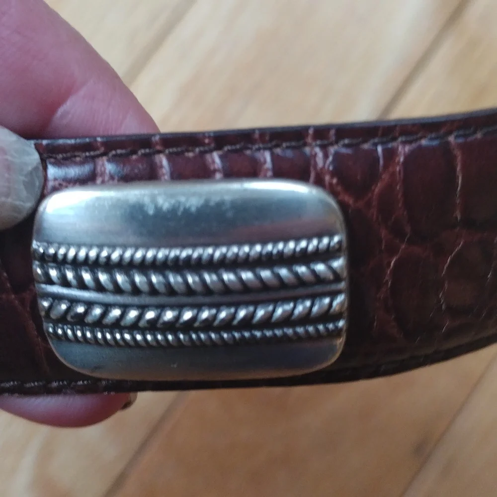 - -Brown croc leather belt with genuine silver decorative plaques and buckl…